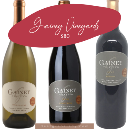 Image with Gainey Chardonnay, Gainey Pinot Noir, Gainey Merlot and the price: $80